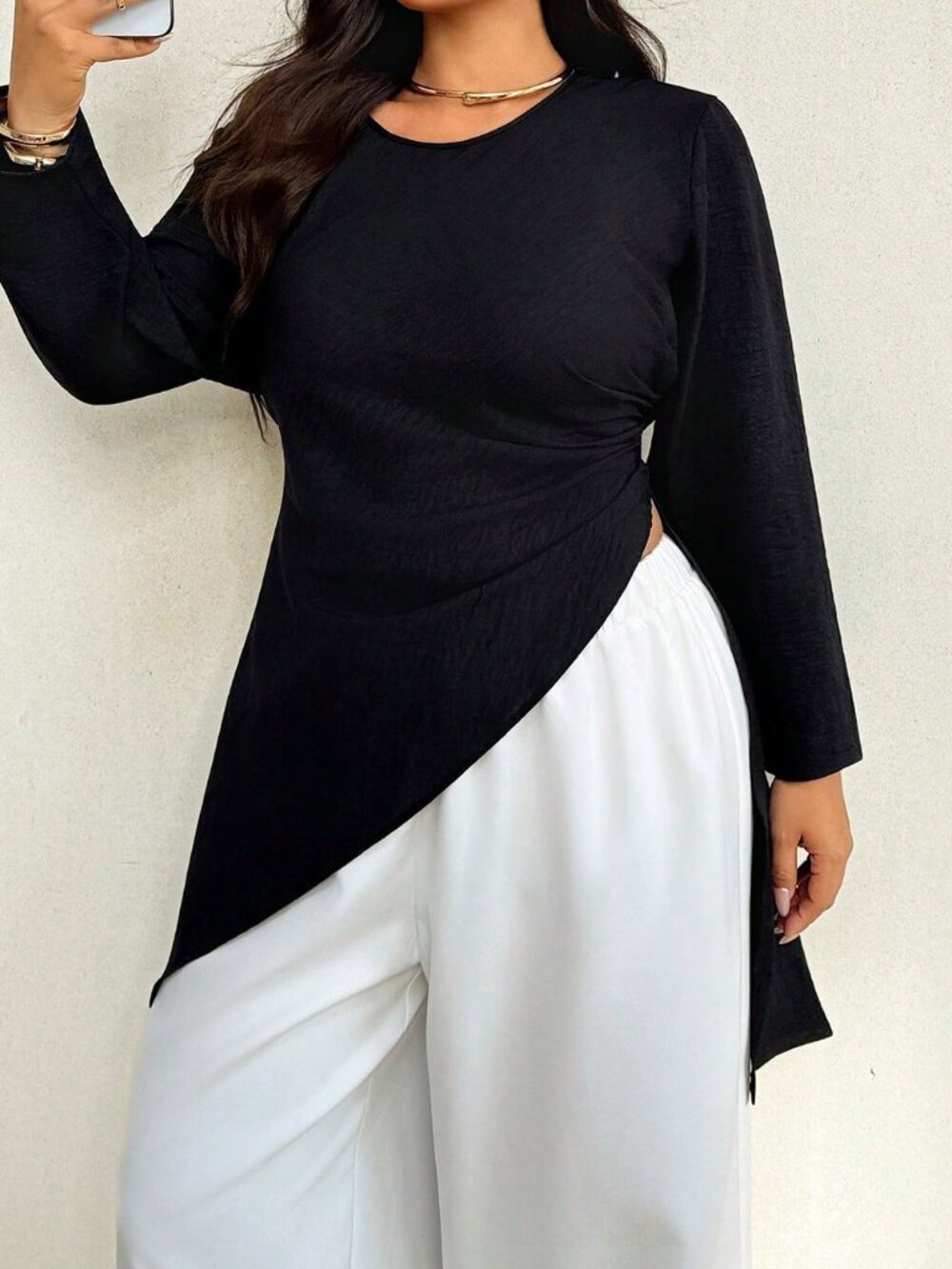 Black Casual Women's Regular Long Sleeve Asymmetrical Ruched T-Shirt